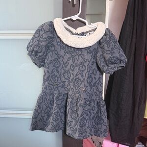 Janie and jack Girls Floral Knit Dress with Faux Shearling Collar - Blue